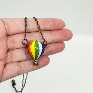 Handmade Bronze Metal Rainbow Hot Air Balloon Necklace